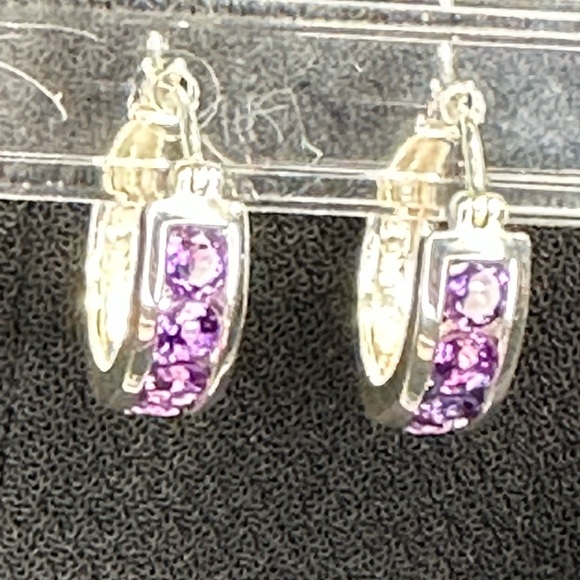Purple gems set in sterling silver hoop earrings with lever-backs. - Picture 3 of 11